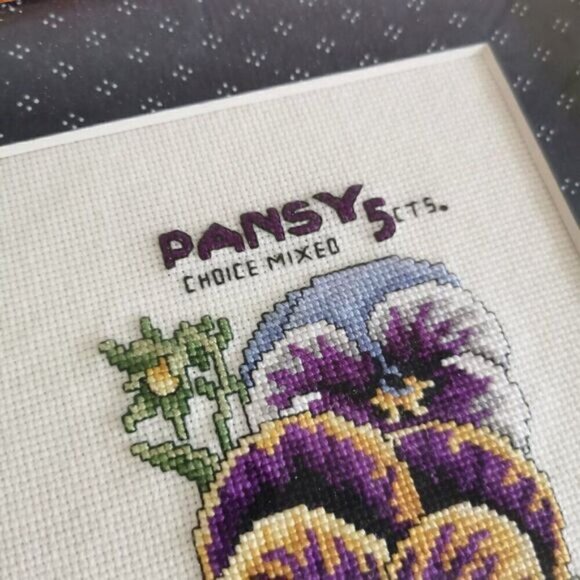 Vintage Framed Pansy Seeds Cross Stitch Art, Flowers Floral Matted Gardener Art - Picture 3 of 10